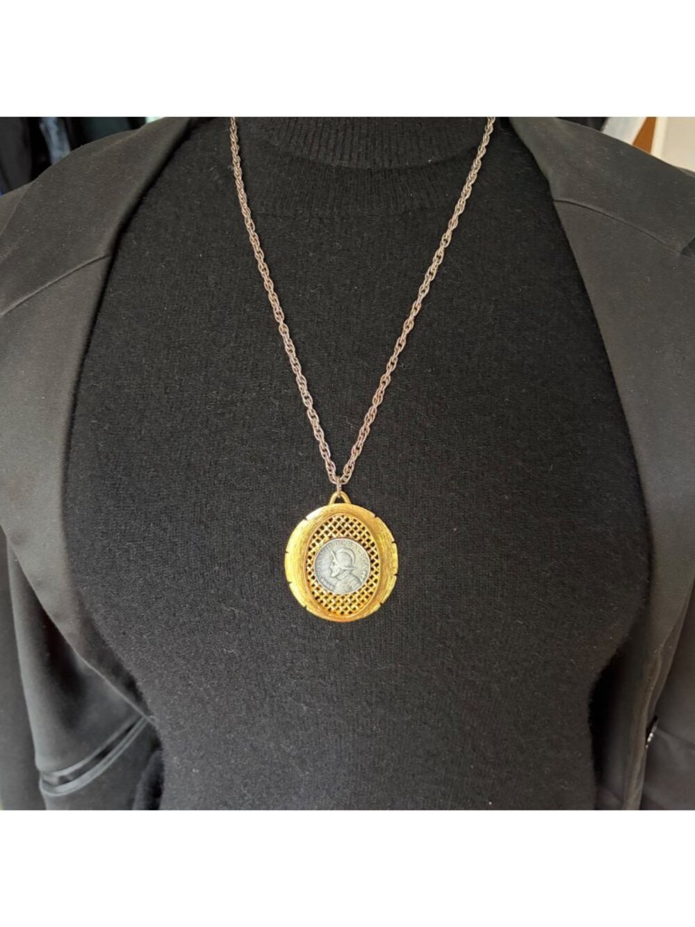 Vintage Balboa Coin Medallion Pendant Necklace Mixed Metal Chunky Mod Signed JJ